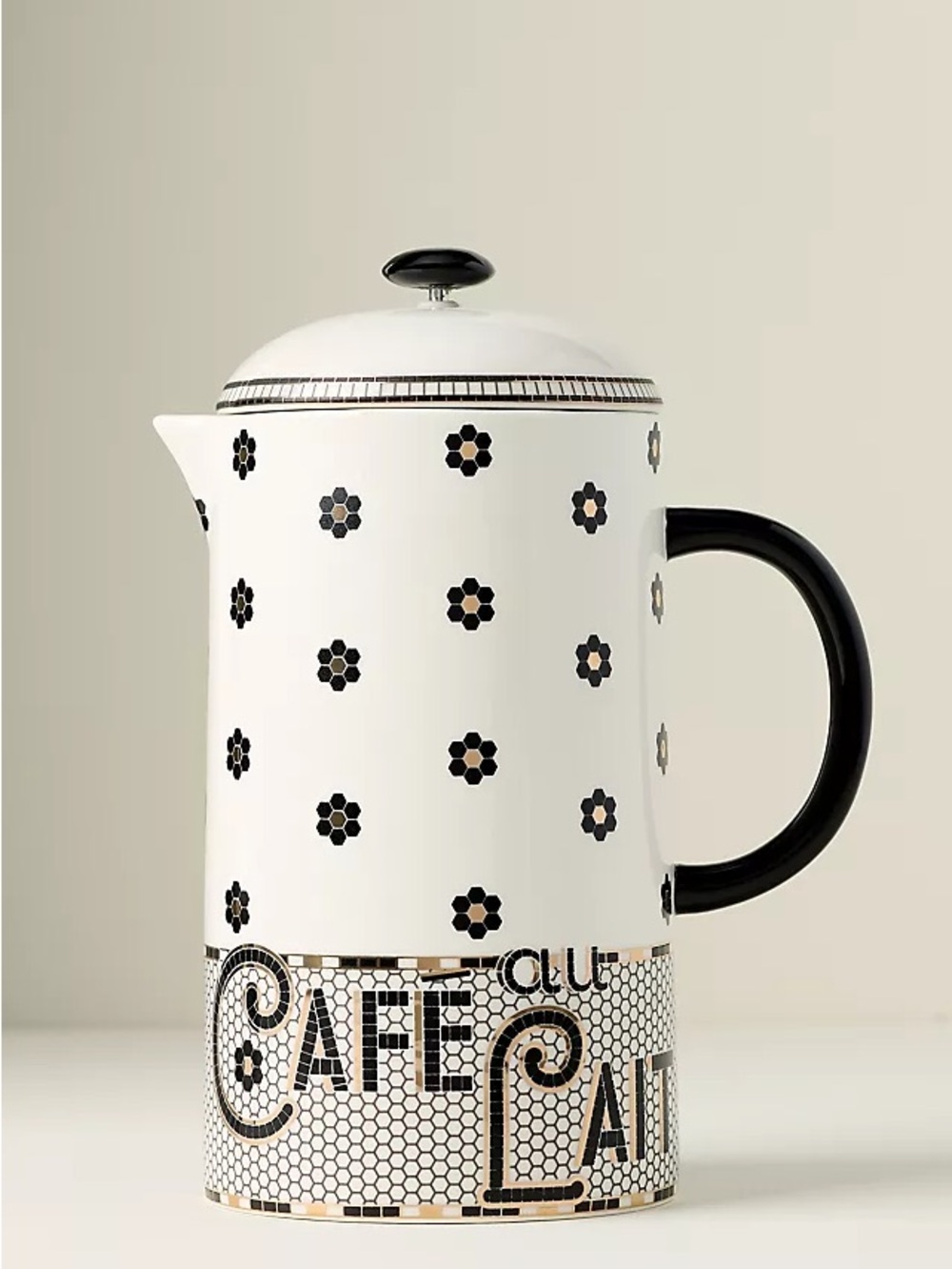 Anthropologie Ceramic French Press in White and Black Floral Dot Motif